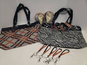 lot 10 image: N.O.S. Unused Beach Bags and  Rhinestone Headbands & Keychains -  in Original Packaging - 2 Bags - Plaid & Zebra Prints, 5 Headbands, & 5 Keychains