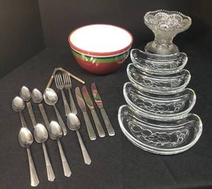 lot 18 image: Vintage Stainless Steel Flatware & Nut Cracker, Pressed Glass SnackServe Trays, Vintage Glass Punch Bowl Base 6in T & Sonoma Color Fest II Mixing Bowl 8.5in W x 4.5in T