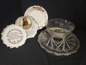 lot 23 image: Vintage Porcelain Prayer Plates with Gold Trim, Ridgways Balmoral Plate, Vintage KIG Ribbed Fruit Bowl with Flash Color Embossed Floral Bottom 9.5in W x 4in T, and Large Mikasa Crystal Footed Cake Plate with Pineapple Design - 14in W