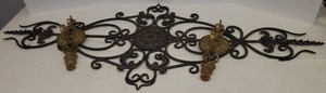 lot 25 image: Large Bronzed Metal Wall Decor Piece 47in W x 20ini T, and Pair of  Gold Metal Wall Sconce Brackets