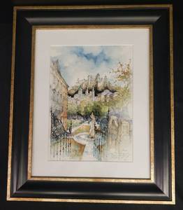 lot 26 image: 2010 Artist Signed Salzburg Watercoler LandscapeFountain Artwork - Matted & Framed in Custom BlackGold Frame 14.5in W x 17.5in T - Photo of Building in Painting on Back