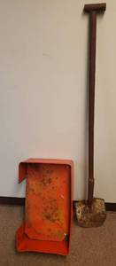 lot 27 image: Vintage Red Metal Tractor Tool BoxTray - 23in L x 14in W x 7.5in T, and Vintage Spade Shovel with Metal Pole Handle