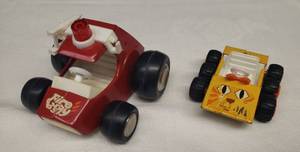 lot 34 image: Vintage 1970s Original BUDDY L Pressed Steel Toy Cars Red  & White Fire Buggy #4953 -  with 1 Ladder, and Yellow Cat 6 Wheel Dune Buggy