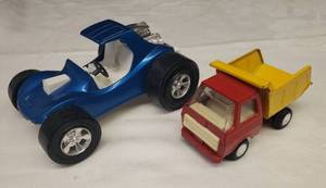 lot 35 image: Vintage 1970s Tootsie Toys Super Slicks Blue Die-Cast Metal Looney Dunes Toy Car #66266 - Bottom Stamped - 6in L x 4.5in W - Made in USA, and 1970s RedYellow Pressed Metal Dump Truck 4.25in L x 2in W