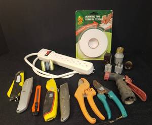 lot 37 image: Household & Gardening Supplies - Power Strip, Electrical Plugs, Mounting Tape, BoxBlade Cutters, Knife Sharpener, Pruning Shears, and Garden Hose Water Sprayer