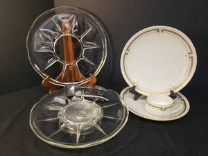 lot 39 image: Pair of Vintage Anchor Hocking Swedish Modern Pattern Serving TraysCake Plates 11.25in W - with one Metal Rotating Lazy Susan Base, and 3 Pieces of Rosenthale Selb & Thomas Bavaria Donatello China with Gold Embellishment, and 1960s Stainless Ladle
