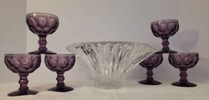 lot 45 image: Mikasa Excelsior Flair Heavy Crystal Console Bowl - 12in W x 9in W x 6in T, and 6 Vintage Imperial Amethyst Glass Provincial Pattern SherbetChampagne Stems 4.18in T