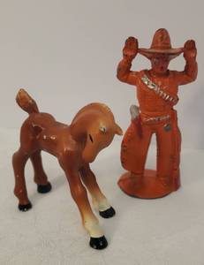 lot 47 image: Vintage Cast Lead Manoil Barclay Hands Up Cowboy with PIstol & Rifle #18-A - 3.5in T, and Solid Cast Metal PonyColt - 2.5in T