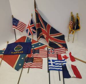 lot 48 image: Collection of Vintage Flags U.S., Canada, EnglandB.C., Kansas, U.S. Air Force, Greece, France, & Confederate - 1 U.S. & Air Force have Solid Brass Poles