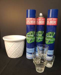 lot 49 image: Fleur D Lis Design Glazed Pottery Planter - 6in T x 7in W - made in Portugal, 3 Large Cans of Chrysal Leafshine Spray - 2 are Full, one with no cap is appx. 12 Full, and 4 Mini Glass Planter PotsVotive Holders
