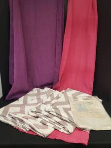 lot 50 image: Collection of Curtains & Window Sheers 4 Zig-Zag Design Curtains are 90in T x 54in W, and 3 Sets of Shears - Pink, Purple, & White NIP