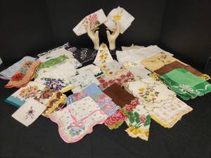 lot 51 image: Large Collection of Vintage Hankies - Floral Prints, Sheer, Solids & Some Handwork Emboridery - 32Pcs