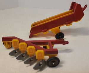 lot 59 image: Vintage 1970s Die-Cast RedYellow Farm Toys Pull Behind ElevatorConveyor - 5in L, and PlowCultivator Implement -  4.25in L