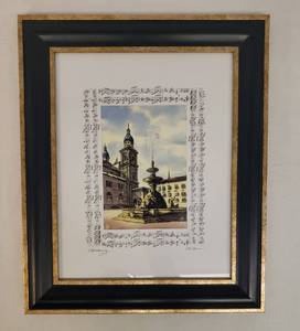 lot 60 image: 2010 Artist Signed Salzburg Fountain Water Color Artwork with Music Surround - Framed in Custom BlackGold Frame 14.5in W x 17.5in T - Photo of ArtistPainter on Back