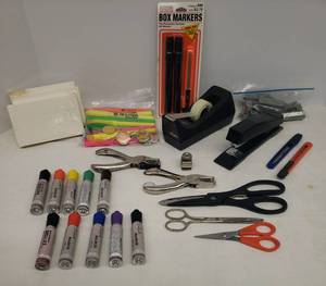lot 65 image: Office Supplies Color Permanant Markers, Stapler & Staples, NIP NoteFile Cards, Hole Punch Tools, Scissors, Box Knives, Highlighter PensMarkers, and Desk Tape Dispenser