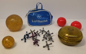 lot 66 image: Vintage 1970s Genuine Duncan Gold Award Yo-Yo - Yellow Glitter - Stamped with Logo, 1970s Glitter Super Ball - Small & Large, and Vintage Lufthansa Mini Travel Bag with Ball & Jacks Game inside
