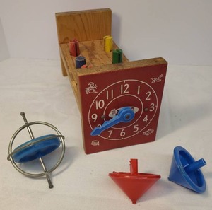 lot 67 image: Vintage 1960s American Teach N Fun Wood Play Work Bench with Pegs & Mallot - Clock on End - 9.5in L x 4in W x 4.5in T, Vintage Gyroscope Metal Spinning Top and 1970s Plastic Spinner Tops