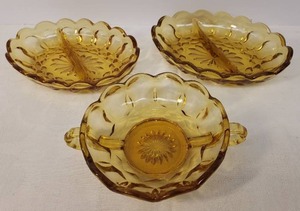 lot 70 image: Vintage 1970s Anchor Hocking Amber Glass Fairfield Pattern Serving Pieces 2 Divided Relish Trays - 7in L x 5in W x 1.5in T and Double Handle NappyCandy Dish 7in W x 2in T