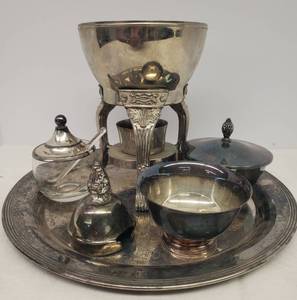 lot 72 image: Vintage Silver Plate Serving Pieces Round Tray 12in W, Coffee Carafe Warming Stand & Lid - No Glass Carafe, Cream & Sugar Set, and Lidded JellyHoney Jar with Glass Spoon