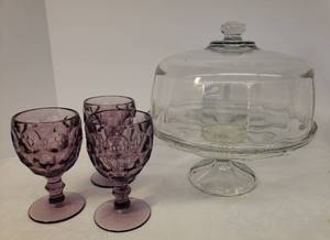 lot 75 image: Vintage Anchor Hocking Presence Pattern Cake Stand & Matching Dome - 11in W x 10.5in T, and 3 Vintage Imperial Glass Ohio Amethyst Provincial Thumbprint Pattern 8oz Stemmed Water Goblets - 5.75in T