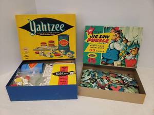 lot 76 image: Vintage 1950s Whitman 63 Piece Jig Saw Puzzle #4429 - Bears Painting the Fence - for Boys & Girls - Made in USA - in Original Picture Box - Complete, and 1973 Yahtzee Game - #E950 - by E.S. LoweMilton Bradley - in Original Box - Great Used Condition