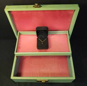 lot 83 image: Vintager Dresser Top Fold Out Jewelry Chest - 10.25in L x 7.25in W x 3.5in T Closed, and Gold Tone Chain Necklace 16in L with Garnet Stone Pendant