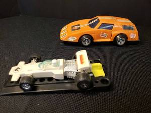 lot 93 image: Vintage 1972 General Mills Fun GroupKenner Products Friction Action Toy Car -  Mercedes C-111 - Orange - 6in L, and Vintage 1970s Funmate Plastic Toys - Formula 1 Race Car #66 White - with Rubber Band Action Launcher
