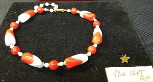 lot 94 image: Vintage 120 12K GOLD Filled Star Post Earring, and 1950s RedWhiteGold Glass Bead Necklace with Gold Metal Findings - Adjustable - 16in L