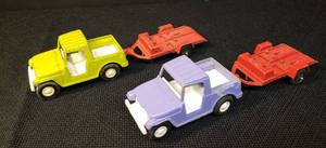 lot 98 image: Vintage 1969 Tootsie Toys Die-Cast Metal Toys - 2 JEEP Wagons #4 Lime Green & #7 Purple - 3.58in L, with 2 Red Motorcycle Trailers - 3 58in L