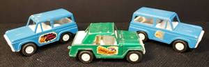 lot 99 image: Vintage 1970 Tootsie Toys Die-Cast Metal Toys - 2 Blue Buckin Bronco BRONCO Wagons - 4in L, and a Green Jumpin Jeeper JEEPSTER - 3.75in L