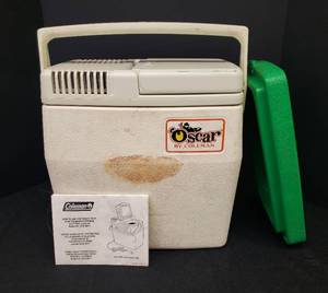 lot 101 image: Coleman Portable Electric Cooler - Model #565-807T, and Vintage Oscar by Coleman - 16Qt Cooler #5274 - White with Green Cup Holder Lid
