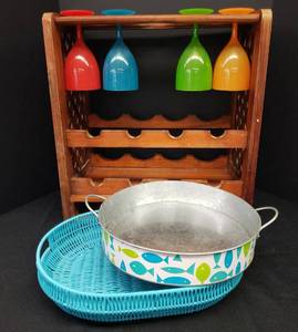 lot 102 image: Vintage Teak Wood Table Top 8 Wine Bottle and Glass Rack with Under Storage Shelves - Includes 4 Colored Lucite Wine Goblets and 2 Serving Trays - Metal & Woven