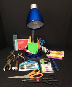 lot 105 image: Electric Blue Adjustable Goose Neck Lamp with Spinner Supply Tray - In-Line Switch - 17in Height -  Works, and Office Supplies Adhesive Labels, Note Cards, Expo Markers, Scissors, Hole Punches, Hi-Lighters, Stamp, Blade Knives & Glue Stick