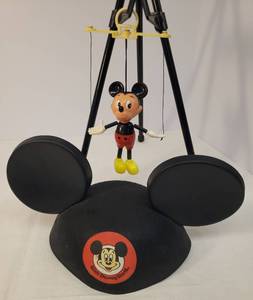lot 106 image: Vintage 1960s Walt Disney Productions Mickey Mouse MarionetteString Puppet - Celluloid, 5in T Mickey, 8in T Total - Back Stamped, and 1970s Official Walt Disney World Mouseketeer Hat - 11in W x 6in T - George Embroidered on Back