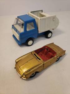 lot 107 image: Vintage 1966 Dinky Toys Die-Cast Metal Gold Triumph Spitfire Car - #114 - by Meccano LTD - Made in England, and 1970s Pressed Steel BlueWhite Mini Dump Truck