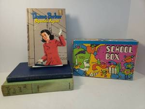 lot 109 image: Vintage 1960s Keep America Beautiful Mod Art - School Supply Box by Lebanon Paper, and Vintage Hardback Books 1949 KOKO and the Eskimo Doctor, 1957 Dough, Ray and Me, and 1957 Donna Parker Special Agent