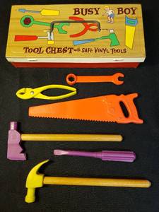 lot 115 image: Vintage 1960s BUSY BOY TOOL CHEST with Safe Vinyl Tools Set - Complete - with Tin Lithograph Case - 8.25in L x 3.75in W - in Good Shape for Age