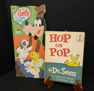 lot 119 image: Vintage 1963 1st Edition DR.SEUSS - HOP on POP Hard Cover Book - BEGINNER BOOKS by Random House - Book Club Edition, and Vintage 1972 Walt Disneys Im Goofy and I Love Dogs - Color and Read Book #1369-49- by Whitman - Great UNUSED Condition