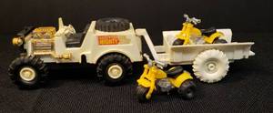 lot 121 image: Vintage 1966 Remco Mighty Mike Jeep Type Truck Toy #777 - 5.5in L with 1966 Remco Mighty Mike Trailer #781-1 - 5in L, and 2 Vintage Nylint HondaYamaha 3 Wheel ATVDirt Bikes Toys - 2.25in L