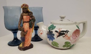 lot 122 image: Vintage Hand Painted Asian Porcelain Tea Pot with Lid 4.5in T, Nubian Queen with Children Figurine 5.75in T, and Vintage 1970s-80s Pair of Pfaltzgraff Blue Yorktown Patten 8oz Stemmed Goblets - 5.5in T