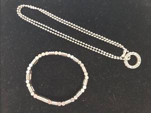 lot 125 image: Magetic Metal Bead Bracelet - 7 38in L x .25in W - Strong Magnet BarrelBar Beads - Beads can be re-arranged to make Different Designs, and Dream Eternity Band Pendant with Pink Rhinestone Edge on 23in L Silver Metal Ball Bead Necklace