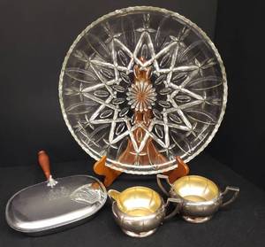 lot 127 image: Vintage Heavy Crystal Serving Platter 13.25in W, Stainless Steel Silent Butler with Wood Handle, BENEDICT Silver Plate Cream & Sugar Set - Made in USA