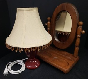 lot 128 image: Solid Wood Dresser Tray with Attached Adjustable Angle Mirror - 11in W x 7in D x 15in T, and Burgandy Ceramic Urn Lamp with Beaded Shade - Works - 15in T