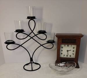 lot 140 image: Black Metal Tabletop Candelabra Tree - 14in W x 16.5in T, Teak Wood Box Clock with Rattan Insets - 7in W x 9.5in T x 3.5in D, and Vintage Oval Cut Crystal Candy Dish - 7.25in L x 5.25in L