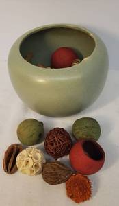 lot 141 image: Vintage McCoy Floraline #406 Ball VasePlanter - in Speckle Mattte Sage Green Drip Glaze - Inside Rim Chip - 5.5in T x 7.25in W - Maker Mold on Bottom - with Potpourri Filler