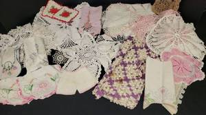 lot 143 image: Large Collection of Vintage Handwork Crochet Doillies & Table Toppers, and Embroidery DresserTable Scarves