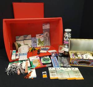 lot 145 image: Large Colleciton of Sewing Supplies, Notions & Craft Supplies Needles, Bobbins, New & Vintage Buttons, Elastic, Embellishment Stones & Beads, Tassels, & Cording - in Red Lidded Storage Tub
