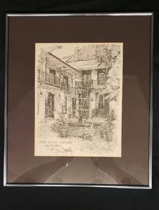 lot 147 image: Vintage 1974 SIGNED Don Davey Lithograph Print of the Maison De Ville Courtyard in New Orleans - Pencil Drawing Illustraion - Matted in Custom Brushed Silver Metal Frame - 15in W x 17.5in T - AuthenticationInfo. Card on Back