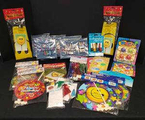 lot 149 image: Large Lot of New Old Stock Party Favors, DecorGift Basket Supplies - Mylar Balloons, JournalPencil Sets, Blow-Out Horns, Smile People, & Spiro Design Sets