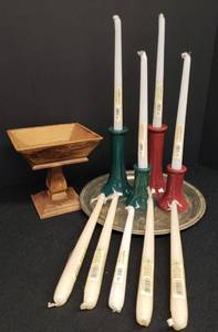 lot 150 image: Silverplate Serving Tray 12in W, Vintage Wood Pedestal Fruit Bowl Stand 7in w x 7.5in T, 2 Pairs of Glazed Pottery Candlesticks - 7in & 4in, and UnusedSealed Taper Candles 4 Ivory 12in & 5 White 10in